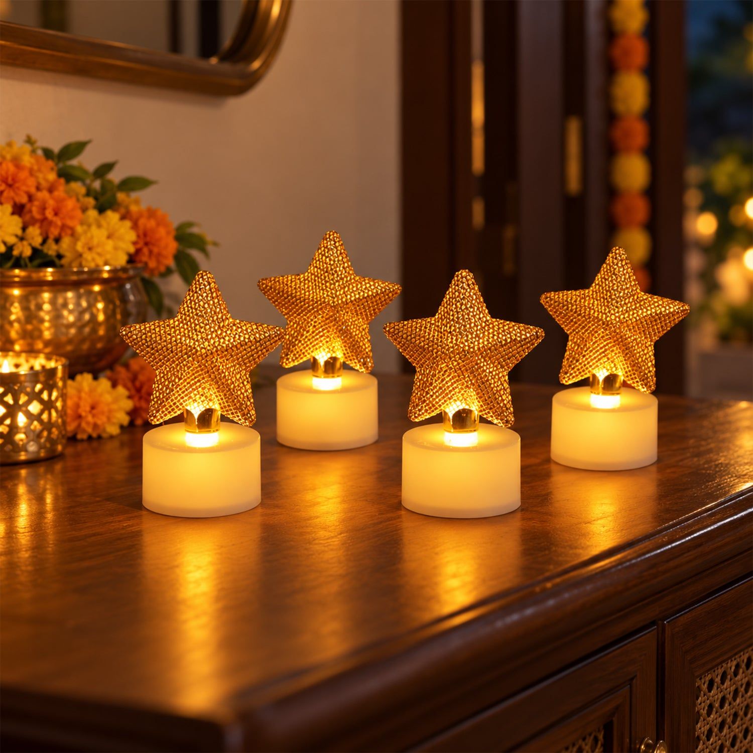 Golden Star Flameless LED Candles for Festive Table and Home Decor (4 Pc Set)