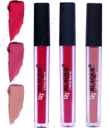 bq BLAQUE Matte Liquid Lipstick Combo of 3 Lip Color 4ml each, Waterproof - Ruby Red, Fuschia Pink, Light Nude Brown