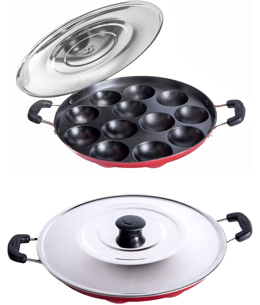 HomePro Non-Stick Appam with with Steel Lid 12 Cavity -Red (Pack of 2)