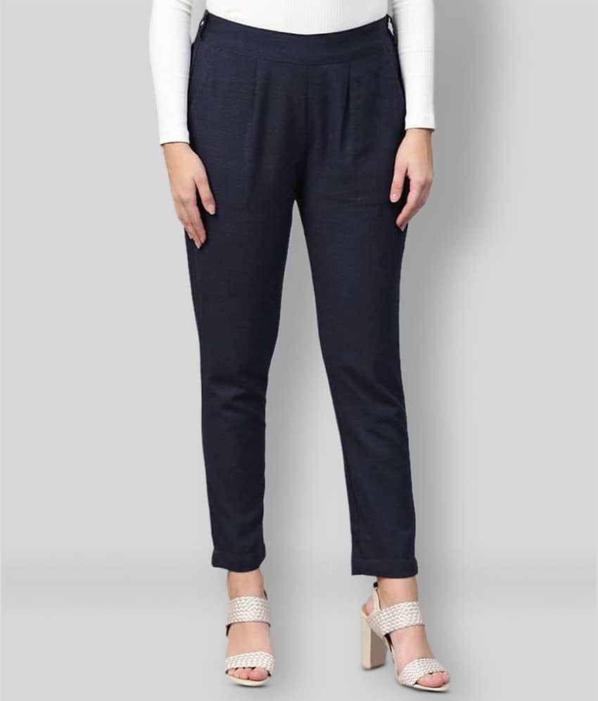 Yash Gallery Cotton Straight Women's Casual Pants ( Blue )