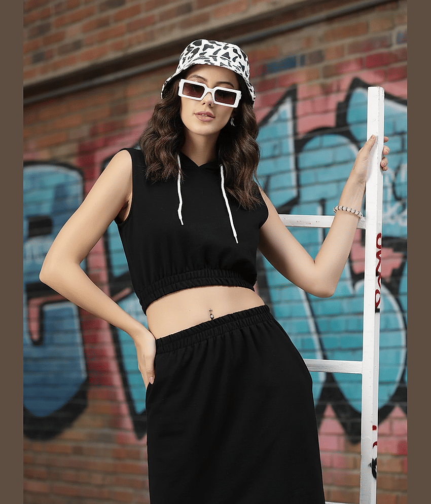 Rigo Women Solid Top With Skirt Co-Ord Set ( Black )