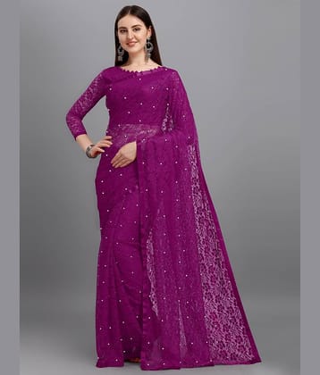 VANRAJ CREATION Net Self Design Saree With Unstitched Blouse Piece ( Wine )