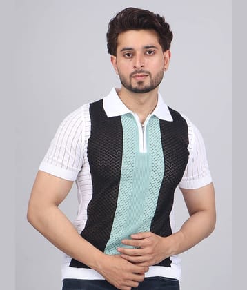 FEVERFEW Men Cotton Blend Regular Fit Striped Polo T Shirt ( Black )