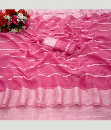 Gullak Cotton Blend Striped Saree With Unstitched Blouse Piece ( Pink )