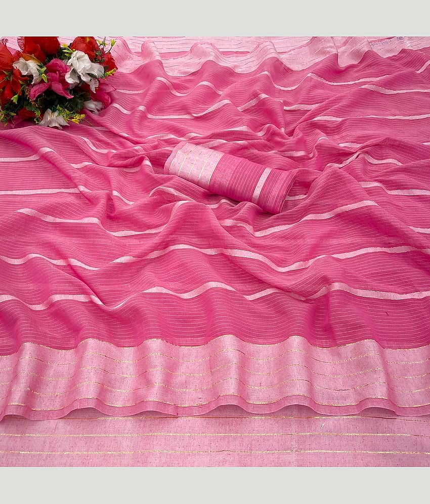 Gullak Cotton Blend Striped Saree With Unstitched Blouse Piece ( Pink )