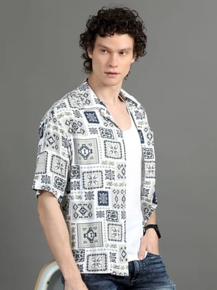 Premium Men Summer Shirt, Oversized Fit, Viscose Rayon, Half Sleeve, Printed-XXL / White Printed