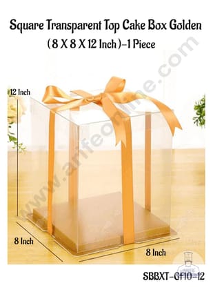CAKE DECOR™ 1 Piece Transparent Lid  Square Cake Box With Golden Base  | Gift Box | Hamper Box | Pinata Box - (8 X 8 X12 Inch)