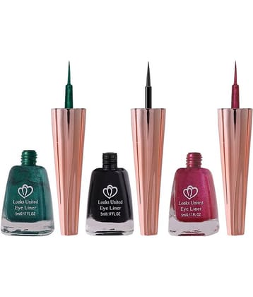 Looks United Metallic Long Lasting Intense Single Stroke Fashion Eyeliner (Metallic Forest Green, Coal Black, Matallic Blush Pink)Pack Of 3