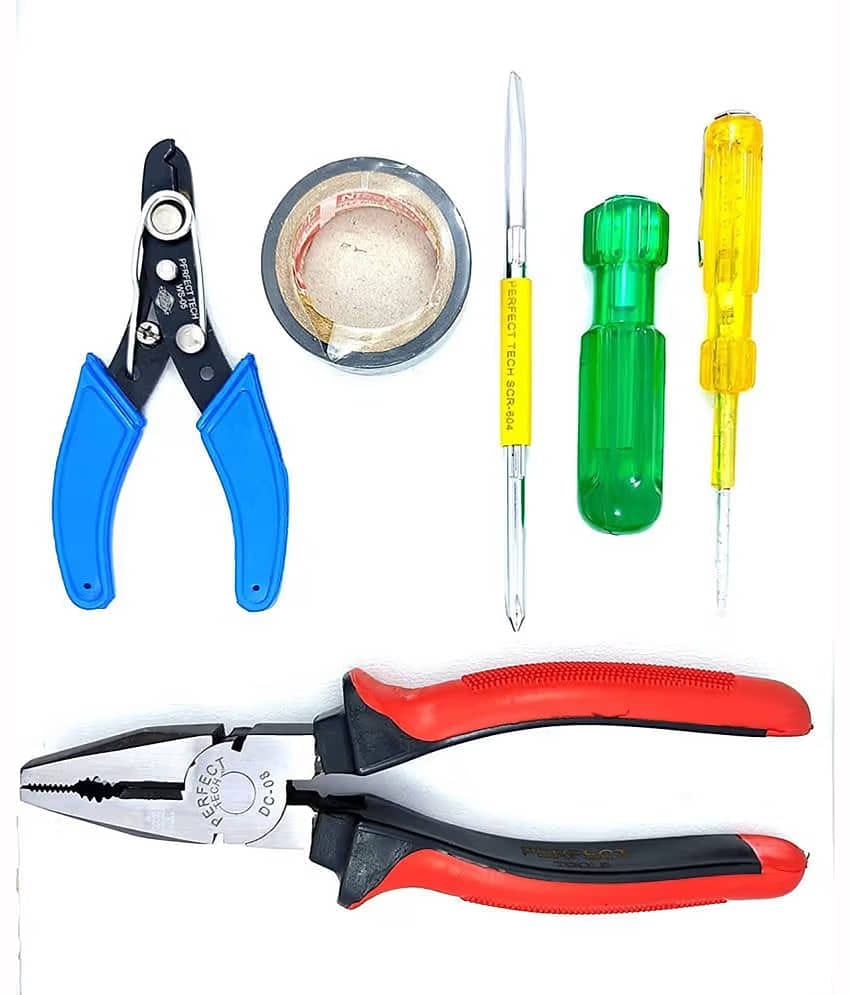 Kadio Hand Tools Combo Set With 8" Rubber Grip Plier, Wire Cutter, 11" 2 in 1 Screw Driver, PVC Tape, Tester (Multicolor, Heavy Duty)(Set of 5)