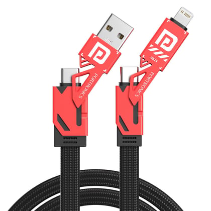Portronics Procharge 4 60W 4-In-1 Multifunctional Fast Charging Cable With Multiple Port & Metal Zinc Alloy Head, Tangle Free Flat Cable, Type C to Type C, Lightening, USB A, Fast Data Sync