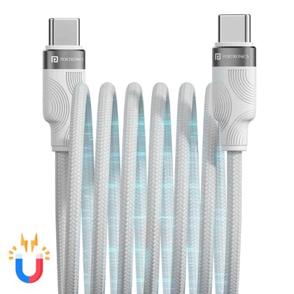 Portronics Maglink C Square 60W Type C to Type C Magnetic Coiled Cable, Strong Nylon Braided, Aluminum Alloy Material, Fast Data Sync, Type C Fast Charging Compatible with Laptop,Smartphone,Tablets