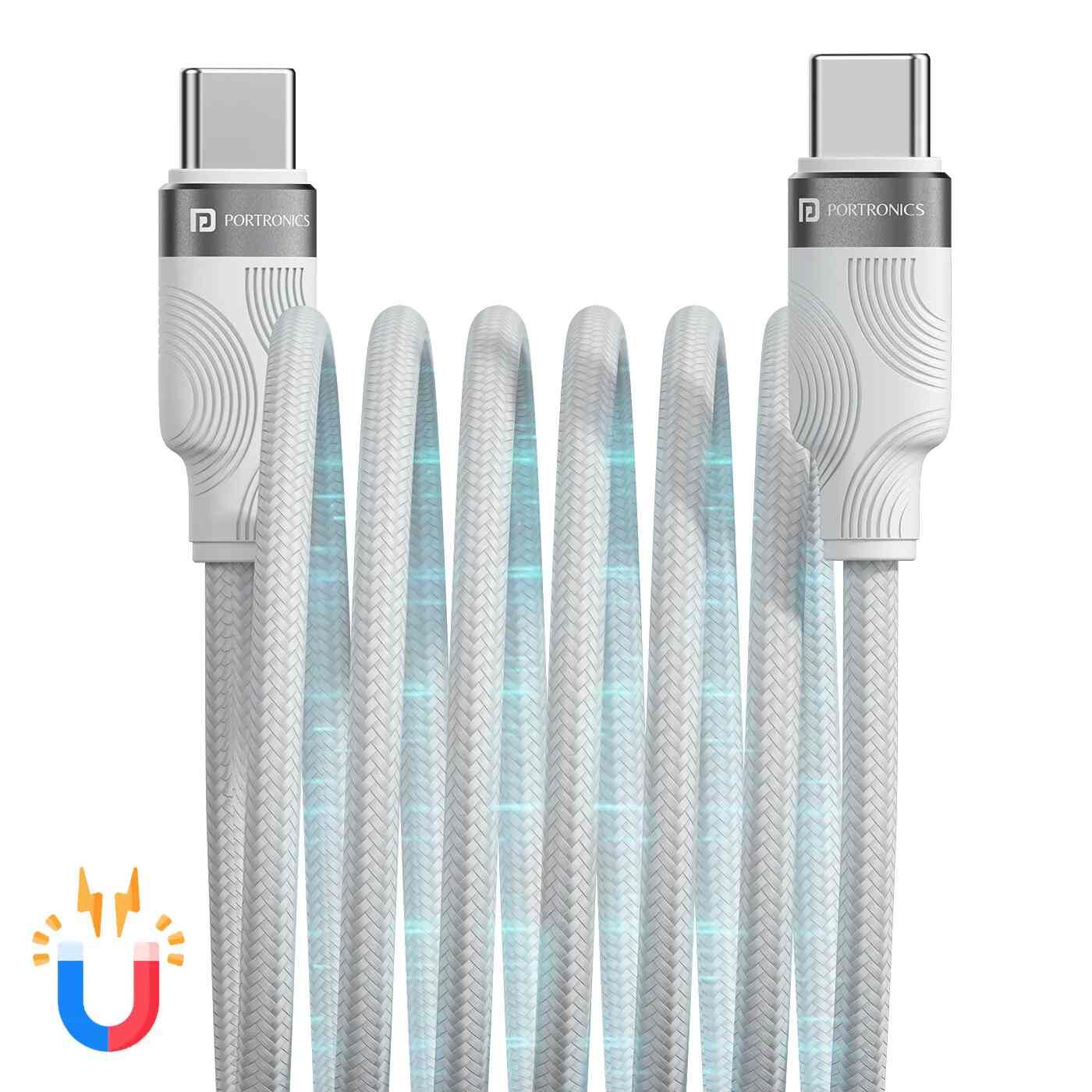Portronics Maglink C Square 60W Type C to Type C Magnetic Coiled Cable, Strong Nylon Braided, Aluminum Alloy Material, Fast Data Sync, Type C Fast Charging Compatible with Laptop,Smartphone,Tablets