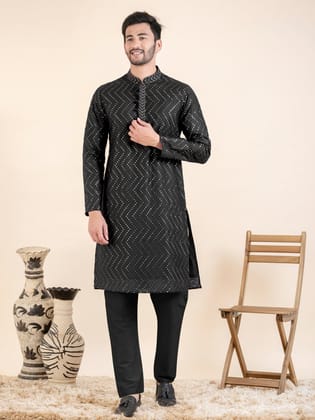 Black Zigzag Embroidered Kurta Set-M/40 / Only Kurta - No Lowers