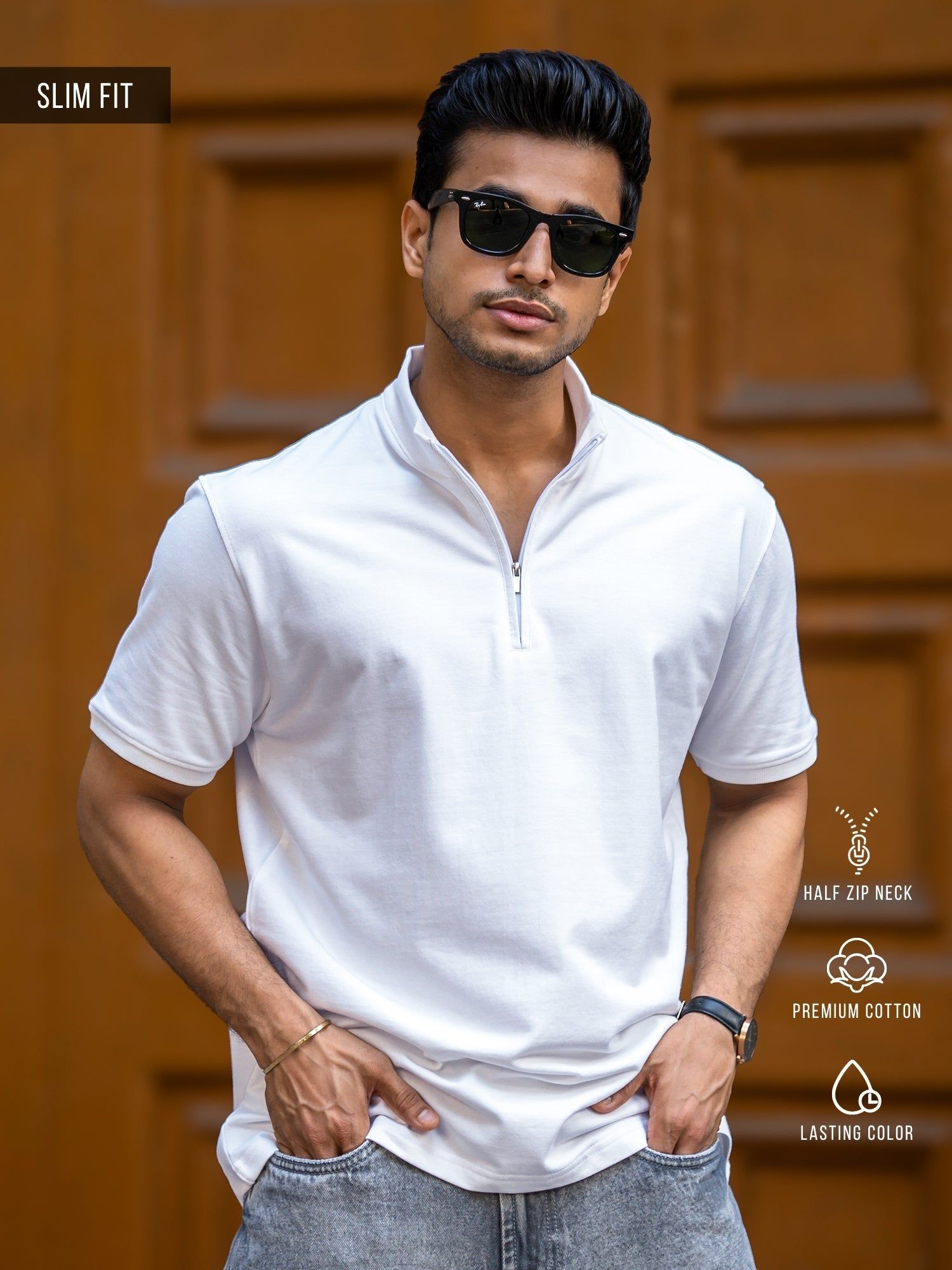 Solid White High Neck Half Sleeve Tshirt-S