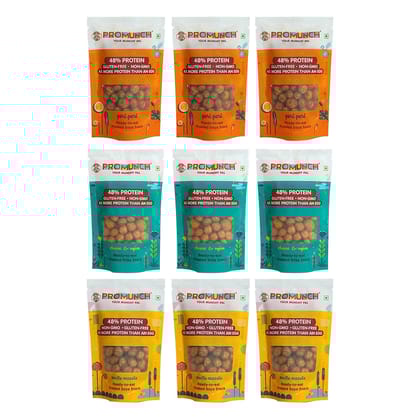 PROMUNCH Travel Combo Pack (Cheese and Onion-3, Peri Peri-3, Noodle Masala-3) 30gm x 9