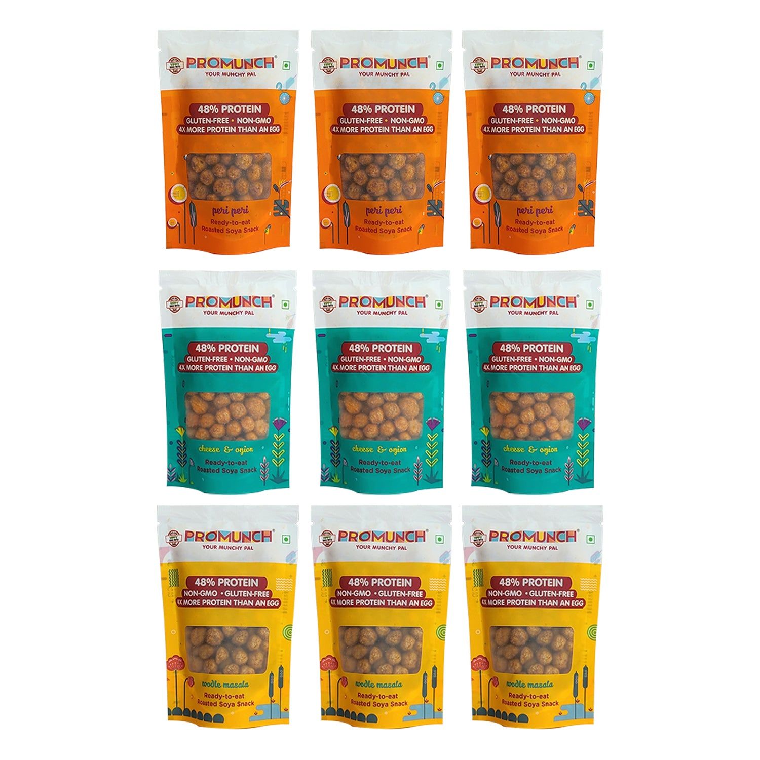 PROMUNCH Travel Combo Pack (Cheese and Onion-3, Peri Peri-3, Noodle Masala-3) 30gm x 9