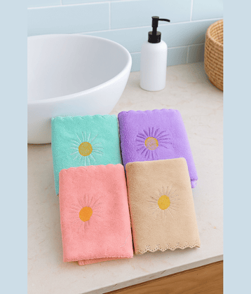 Satisfyn Microfibre Embroidered Face Towel 301-350 GSM ( Pack of 4 ) - Multicolor