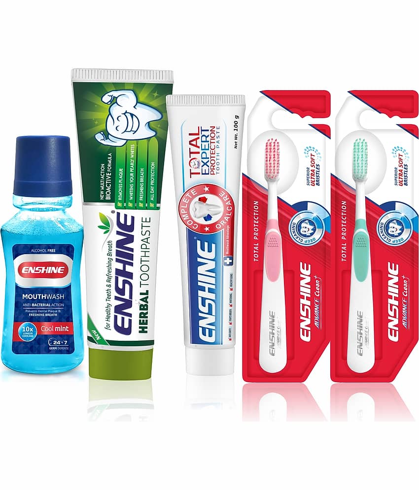 ENSHINE Herbal Paste and Total Expert Protection Toothpaste 100g Mouthwash & 2pc Toothbrushes