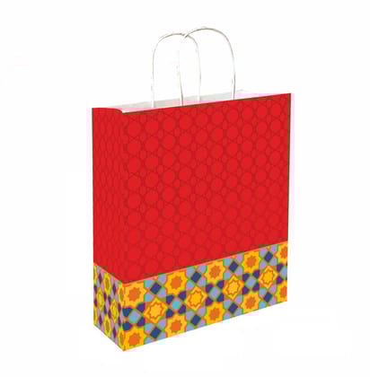 Red Printed Celebration Paper Gift Bags, Ideal for Raksha Bandhan Gifting, Wedding Gifts, Diwali Gifts & Gifting on Special Occasions (Size: 11.4 x 9.4 x 4.7 inch) -  Set of 10