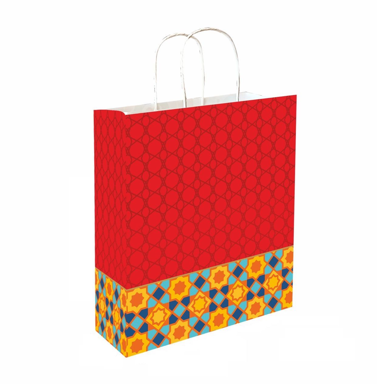 Red Printed Celebration Paper Gift Bags, Ideal for Raksha Bandhan Gifting, Wedding Gifts, Diwali Gifts & Gifting on Special Occasions (Size: 11.4 x 9.4 x 4.7 inch) - Set of 10