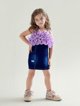 Girls Purple Ruffle Dress [GD-1526] (2-10Years)-5-6Y (Size - 26) / Purple / Denim
