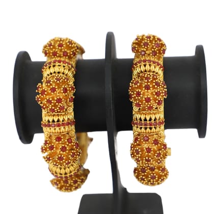 Trendisia Antique Gold-Plated Bangles with Intricate Beaded Detailing & Ruby Accents