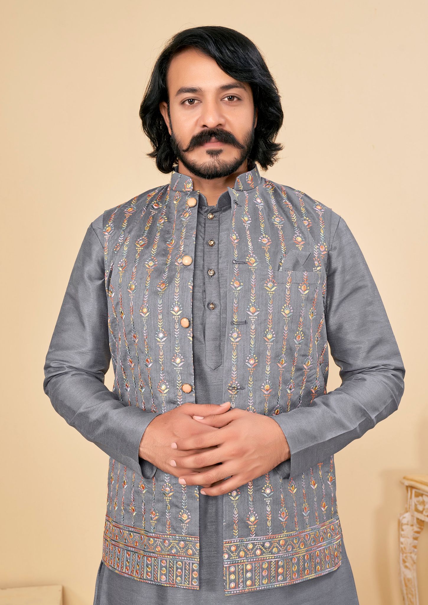 Elegant Light Gary Embroidered Nehru Jacket-S