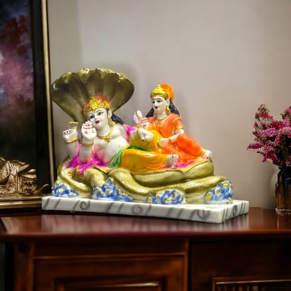 Bhagwan Vishnu Laxmi on Sheshnag Marble Look Statue Height 26 cm-Colourful