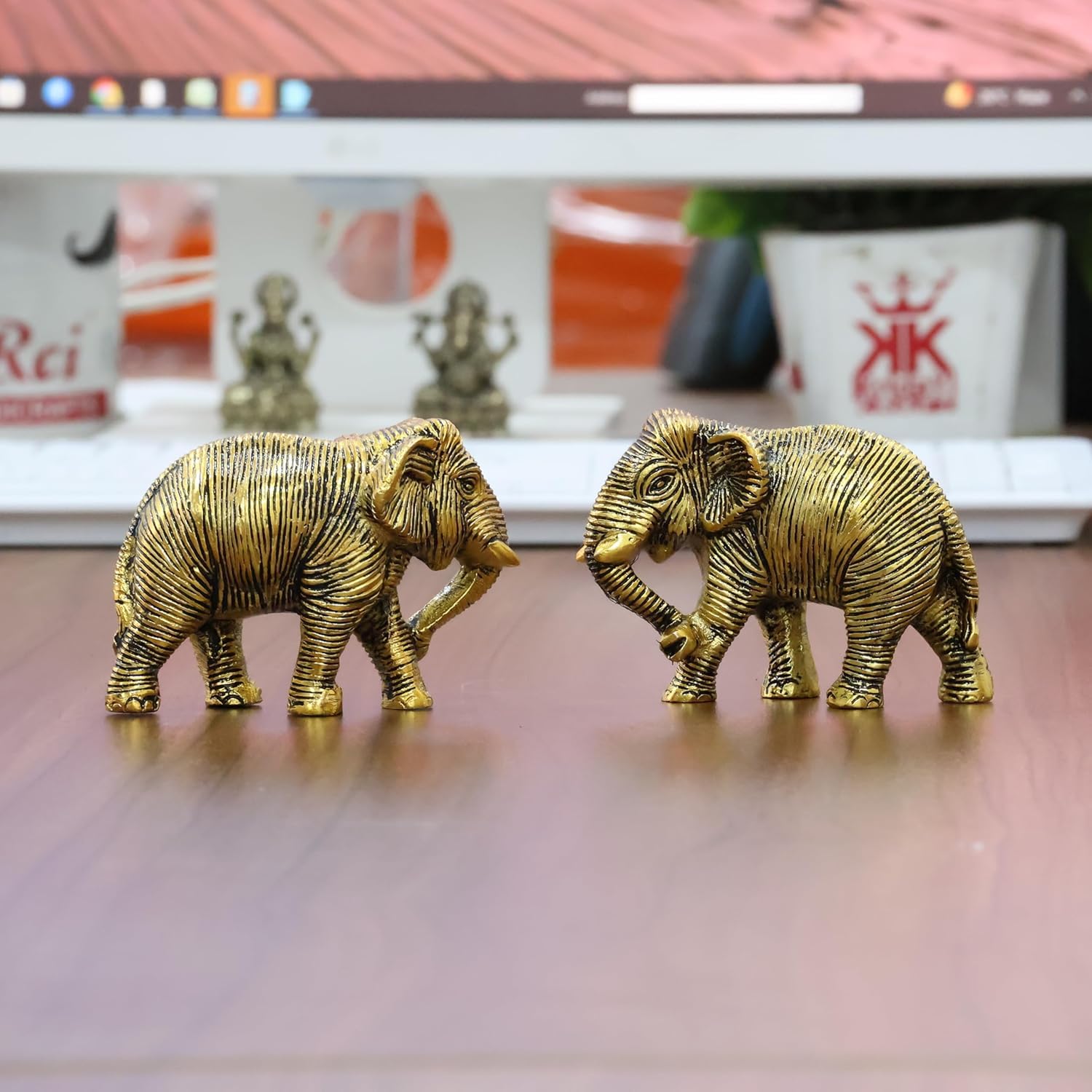 Dreamkraft Gold Elephant Decorative Figurine Set - 2 Pcs Metal Showpiece - Antique Finish for Home, Office & Vastu Decor - Handcrafted Aluminium (9.5L x 4W x 7H CM)