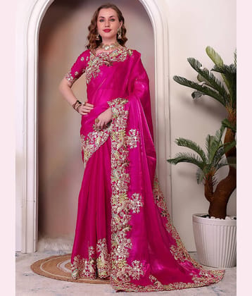 Nayanthara Trends Jimmy Choo Embroidered Regular Saree With Unstitched Blouse Piece ( Pink )