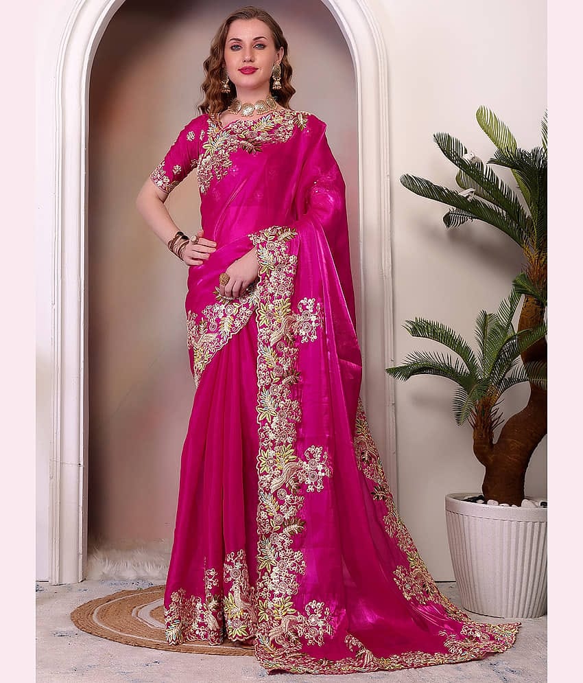 Nayanthara Trends Jimmy Choo Embroidered Regular Saree With Unstitched Blouse Piece ( Pink )