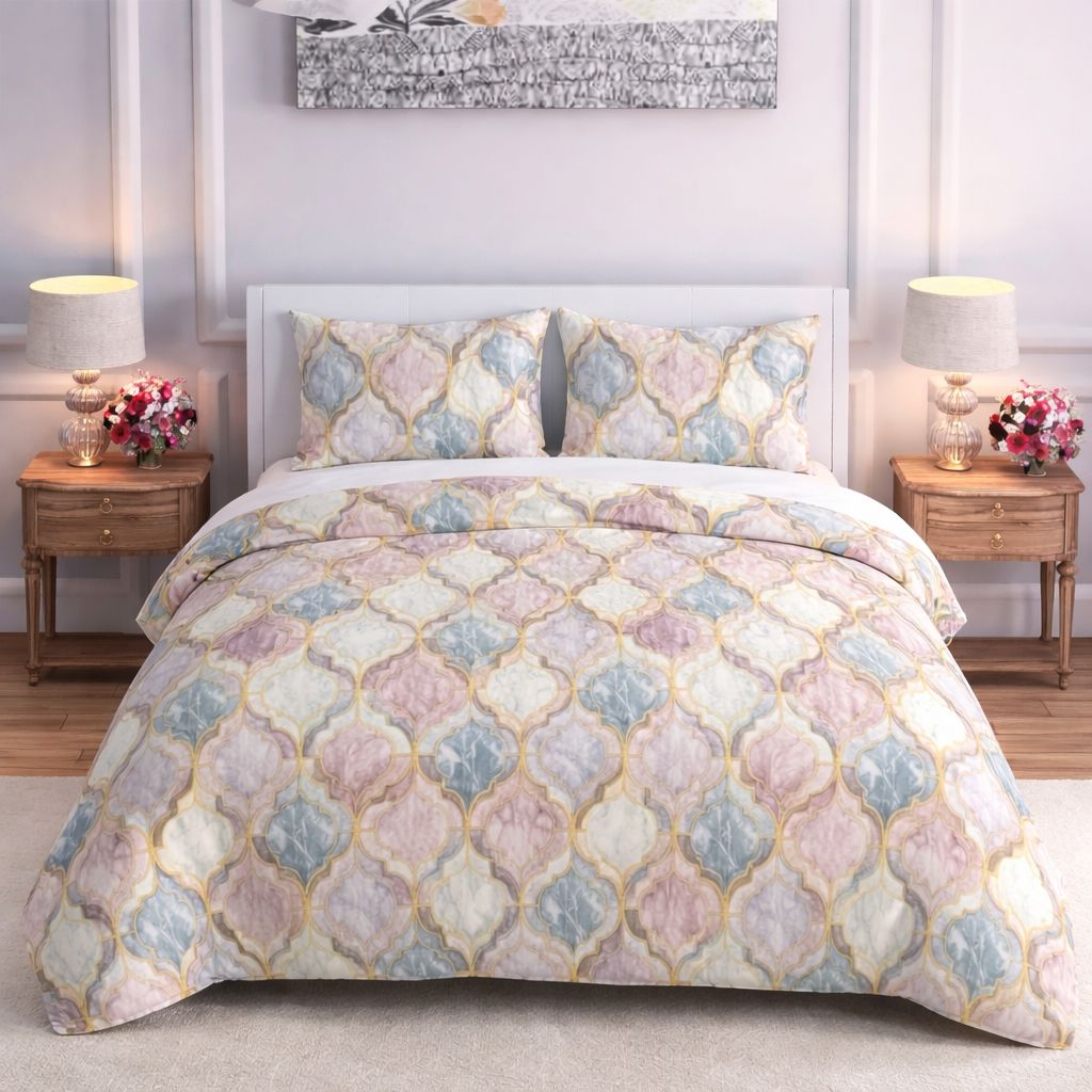 Pastel Geometric Bedsheet with 2 Pillow Covers – Queen Size (90 x 100 Inches) | Soft Cotton Bedsheet