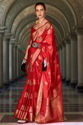 Red Woven Satin Crepe Saree