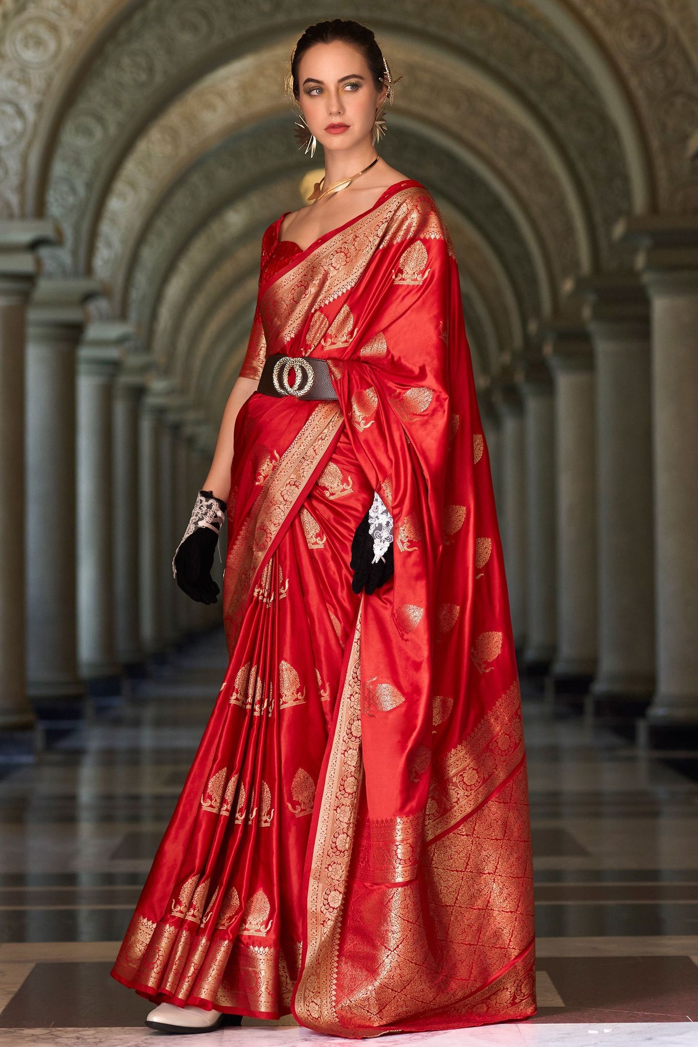 Red Woven Satin Crepe Saree