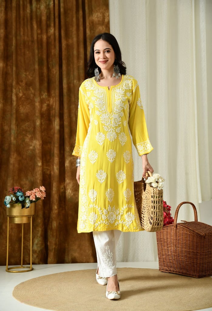 Sunshine Yellow Modal Hand-Embroidered Chikankari Kurta with Elegant White Floral Design