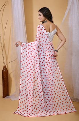 Women's Georgette Printed Saree With Unstitched Blouse 5.5Mtr (White-Red)-PID63030