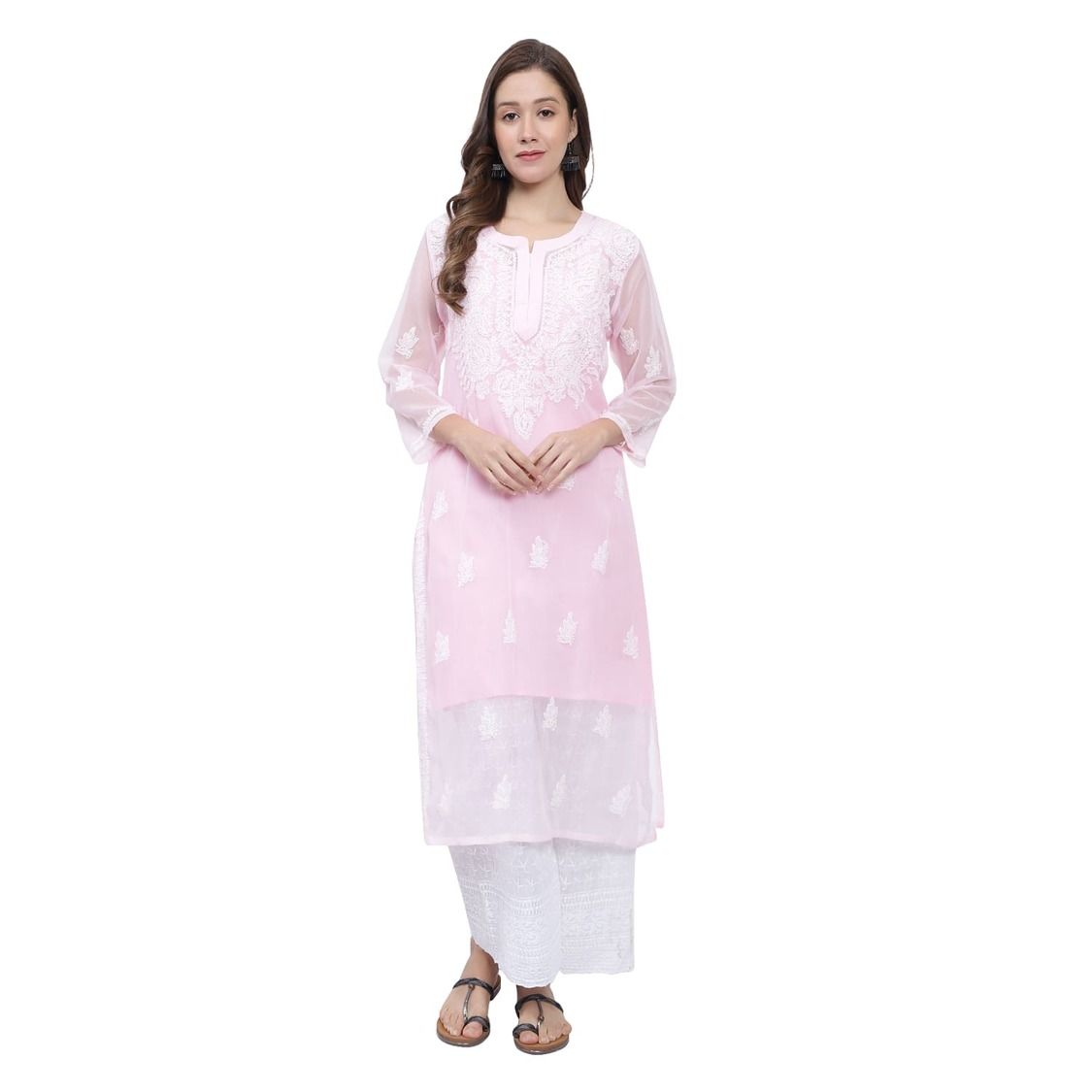 MRS RIGHT CHIKANKARI PINK GEORGETTE KURTI