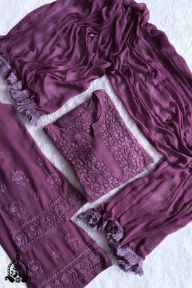 Shama Luxury Chikankari Premium Viscose Co-ord Set-Purple / M