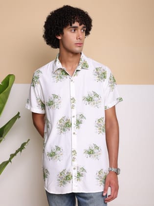 Green Half Casual Printed Cotton Shirt Regular Fit For Man-S / Green