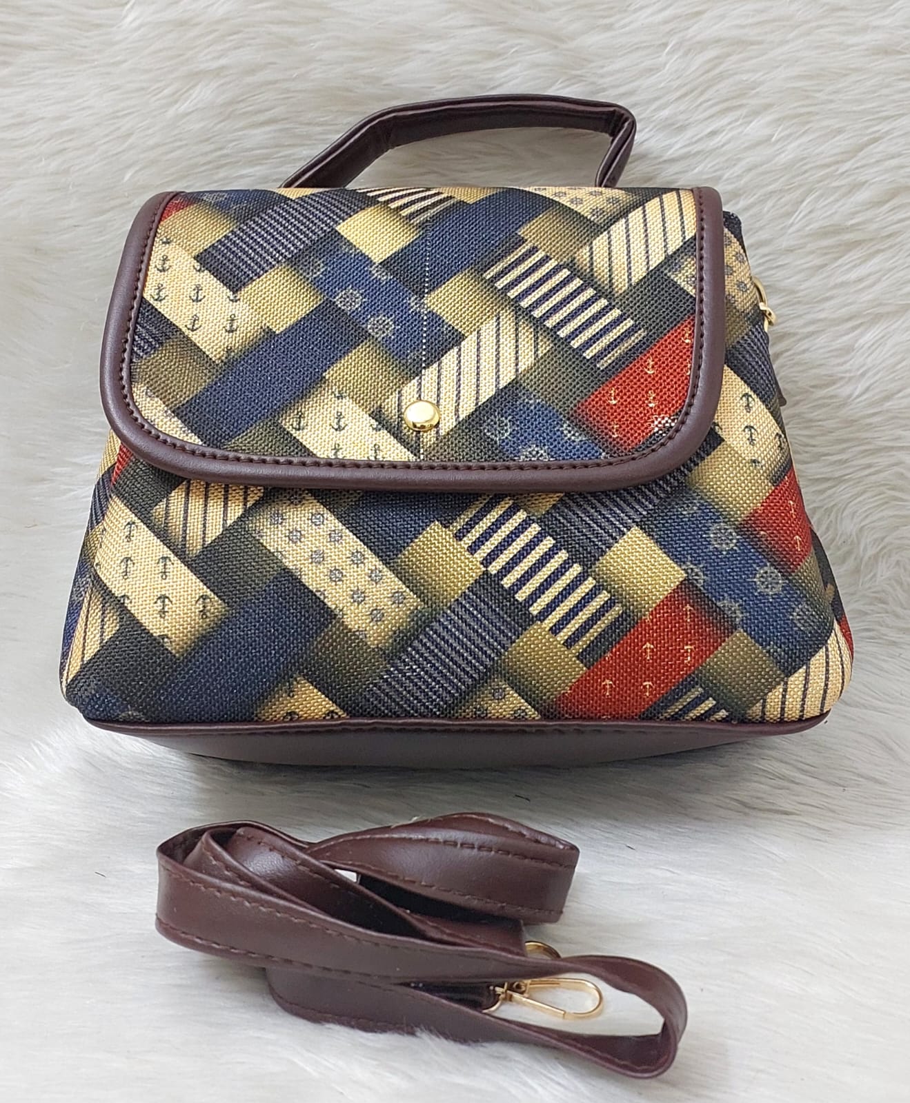 Brown and Blue Striped Canvas Crossbody Bag with Faux Leather Trim
