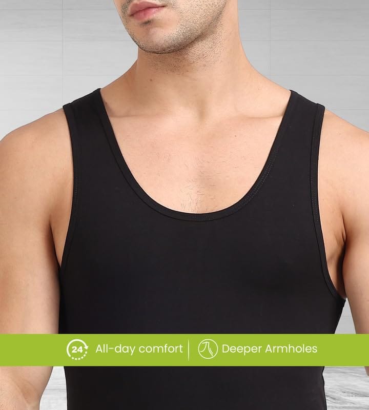 Freecultr Cotton Vest for Men Sleeveless Lightweight Solid Round Neck Comfort Vests Breathable & Comfortable Innerwear Sando for Man Regular Fit Pack of 2-Black,Light Grey