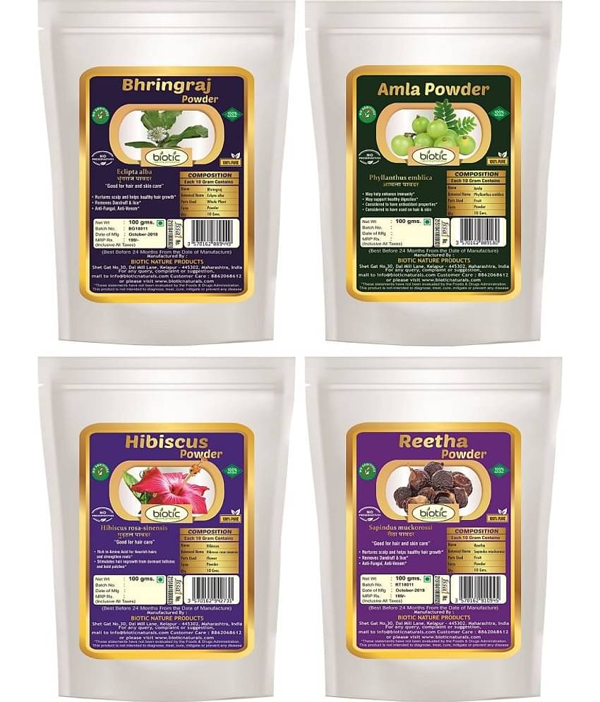Biotic Bhringraj, Hibiscus, Reetha and Amla Powder (100 gms Each) Hair Mask 400 g Pack of 4