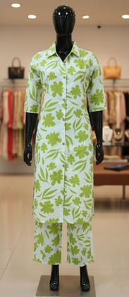 Co-ord Set - Elegant Floral Green Leaf Printed Buttoned Long Kurta with Matching Pants Set