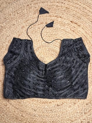 Black Colour Designer Women Padded Blouse with Moti & Lace Work (36 Inch Bust Size with 1 Inch Margin both side, customer can alter as per their need)-Free Size / Black