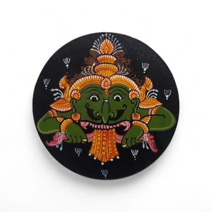 Pallabi Hastakala Hand-Painted Wooden Deity Souvenir (1 Unit) | Round Black Base with Green Deity & Traditional Ornaments | Home Decor