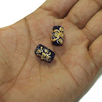 5 Pcs, 16x10mm Handpainted Kundan Work Tube Beads Blue-Blue / Glass