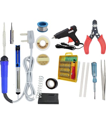 ALDECO: ( 15 in 1 ) 25 Watt Soldering Iron Kit With- Blue Iron, Wire, Flux, Wick, Stand, Cutter, Tweezer, Tester, Bit, Tape, Glue Gun, 2 Glue Stick, Jackley 32, Desoldering Pump