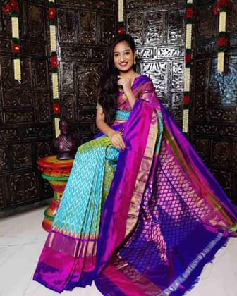 POCHAMPALLY IKKAT SILK SAREE BLUE WITH PURPLE COLOR