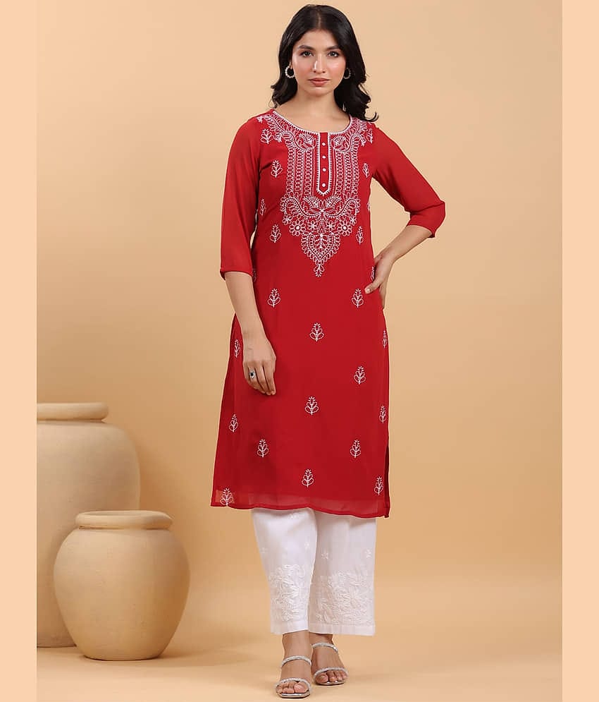 Janasya Pack of 1 Georgette Embroidered Straight Women's Kurti - ( Maroon )