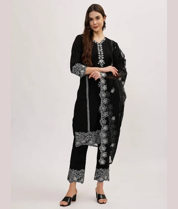 anushansa Women Silk Embroidered Straight Kurti With Pants ( Black )
